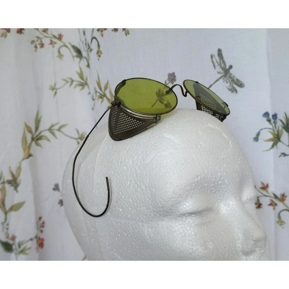 Antique Sunglasses Goggles Spectacles Steampunk Safety Glasses‎ Green Vtg Moto